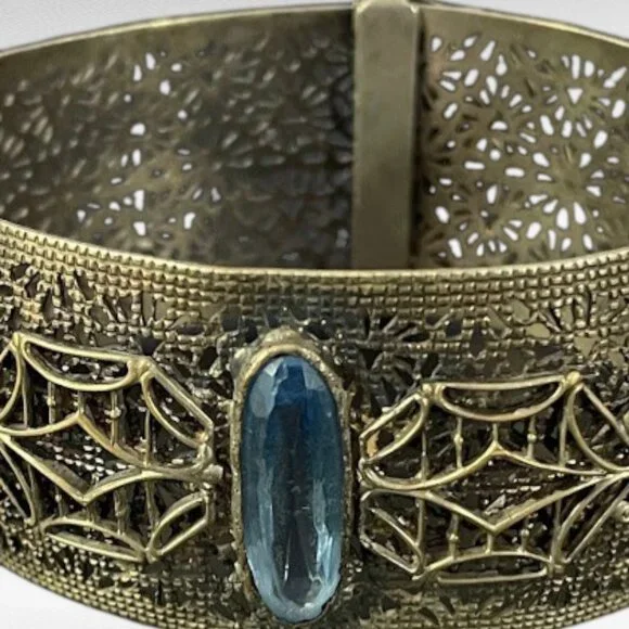 Antique Art Deco Wide Filigree Blue Glass Center Stone Buckle Bracelet - Picture 6 of 13